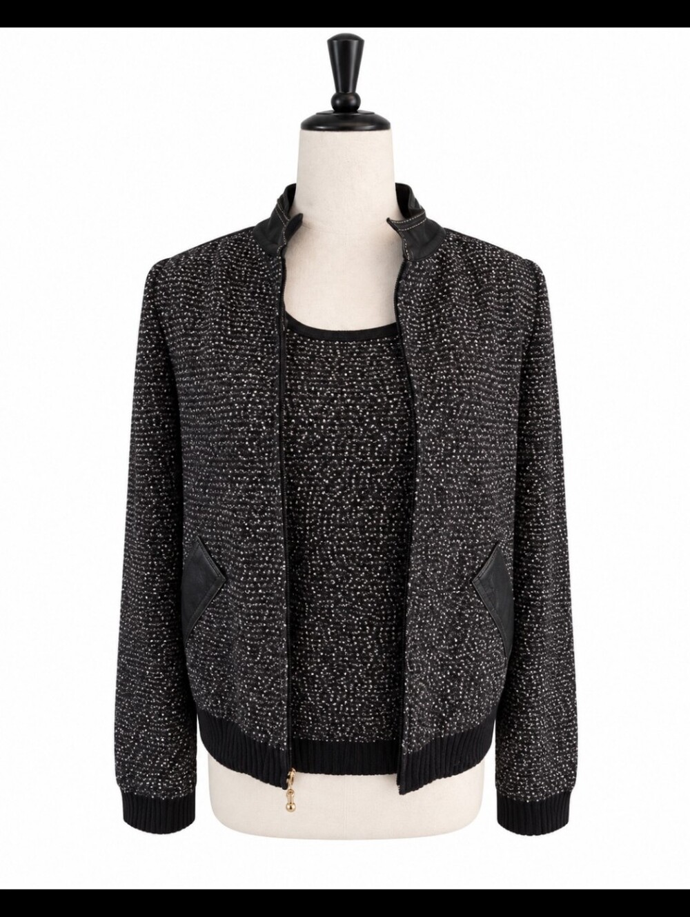 St John Sport Vintage Wool Blend Zip Cardigan Shell Set Black Flecked Size P/S